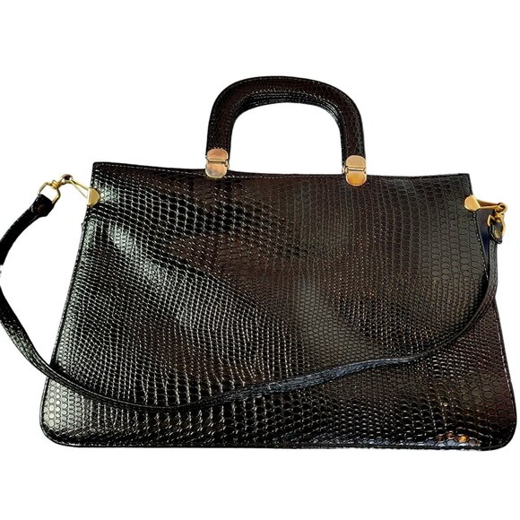 Vintage 80s Leather Satchel Bag Handle Large Purse Handbag Women Black Red Snake - Picture 2 of 16